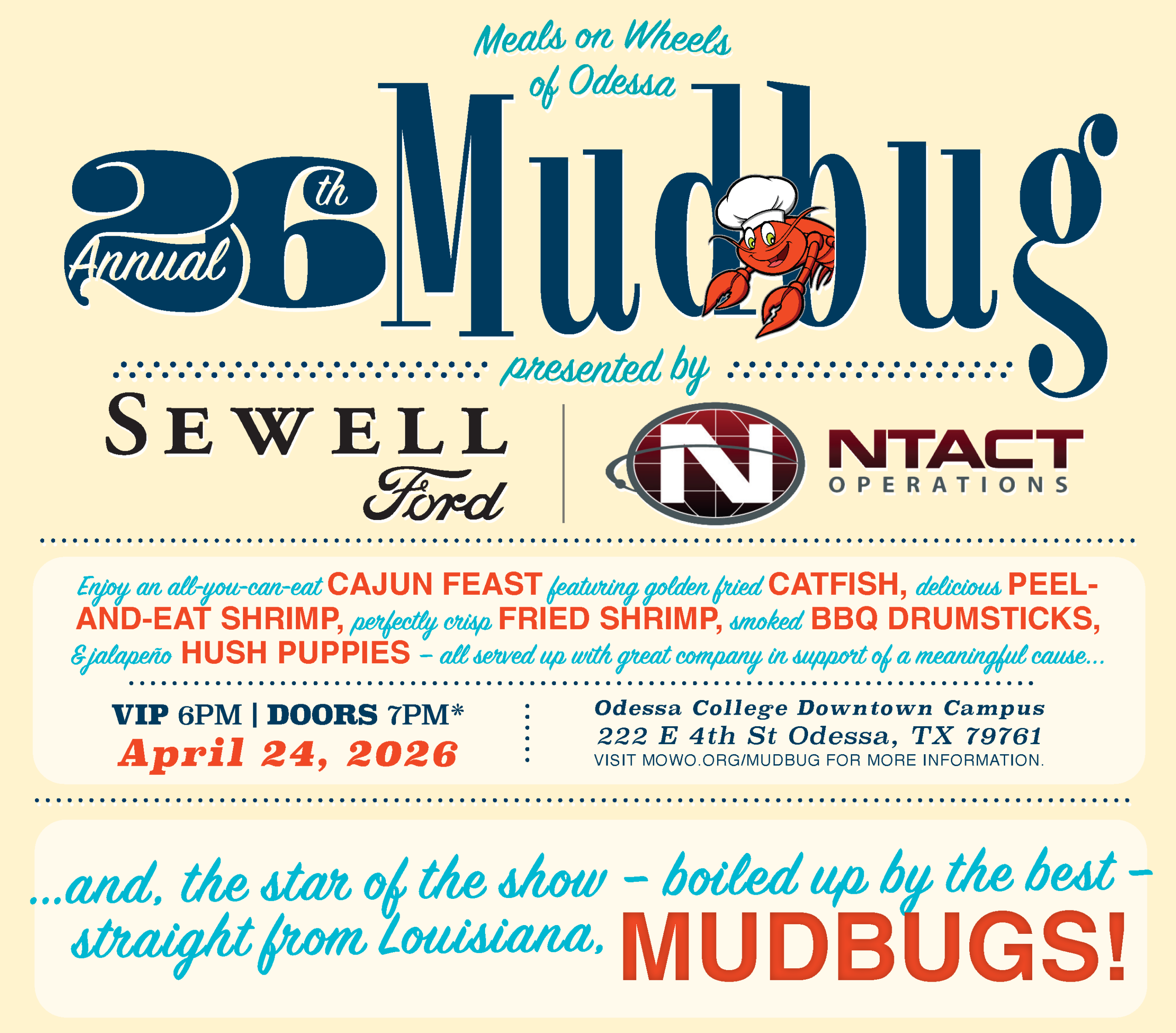 You're invited to the Meals on Wheels of Odessa 26th Annual Mudbug — Presented by Sewell Ford and NTACT Operations — April 24, 2026 — VIP 6PM, Doors 7PM — Odessa College Downtown Campus, 222 E 4th St, Odessa TX 79761