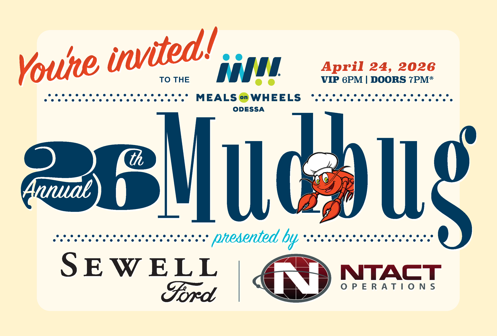 You're invited to the Meals on Wheels of Odessa 26th Annual Mudbug — Presented by Sewell Ford & NTACT Operations — April 24, 2026